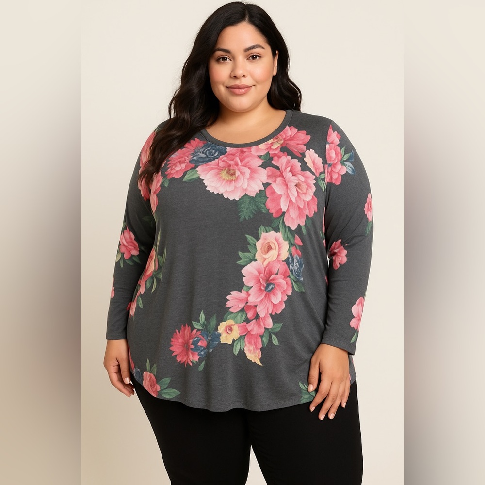 PHILOSOPHY Tunic Gray Floral Botanical Trellis Asymmetrical Hemline Size XXL